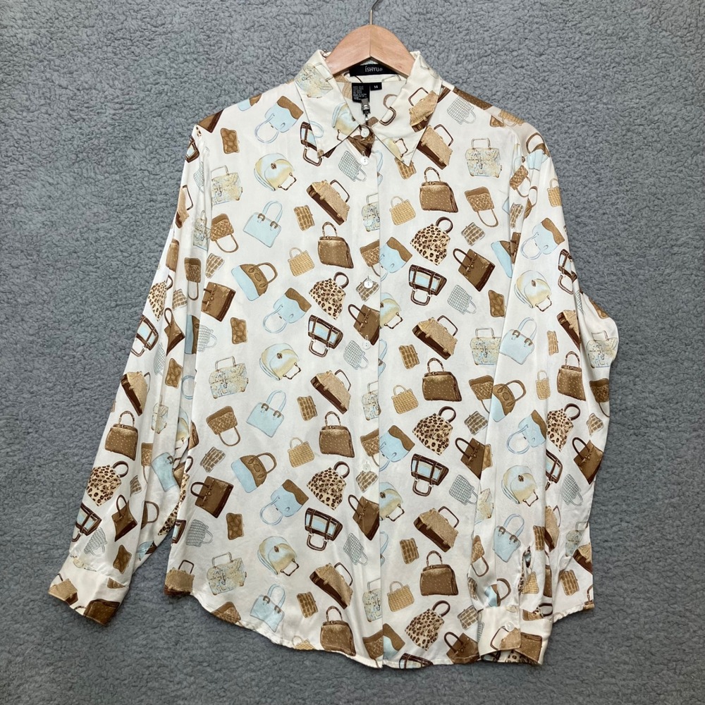 Vtg‎ ISHYU 100% Silk Button Up Shirt Women 14 Handbag Purse Novelty Long Sleeve